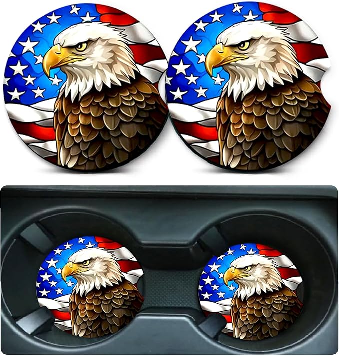 Car Coasters for Cup Holders,2 Pack US Flag and Bald Eagle Car Coasters,2.75" Universal Size Anti Slip Rubber Mat,Automotive Cup Holder Decor Accessories,US Flag Gifts for Women,Men,Mom