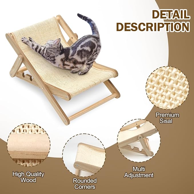 Sisal Cat Chair No Assembly Required, 3-Gear Adjustable Cat Sisal Lounge Chair, Natural Wooden Cat Chair for Indoor Cats with Removable Cat Chair Blanket, Cat Beach Chair for Small Medium pet