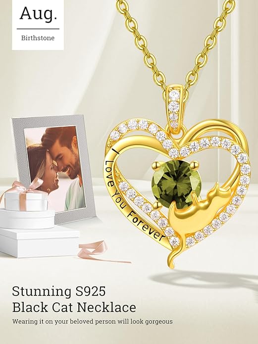 Birthstone Cat Necklaces,925 Sterling Silver Cat Necklace Heart Pendant for Women,Dainty Animal Jewelry for Her,Wedding Anniversary Birthday Gifts for Women Mom Grandma