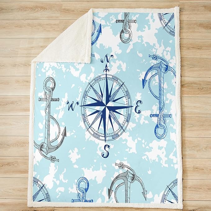 Feelyou Anchor Decor Sherpa Blanket - Nautical Compass for Couch, Travel, Sofa - Ocean Themed Fleece, Sea Adventure Fuzzy Plush Throw - Room Decor - 40"x50"
