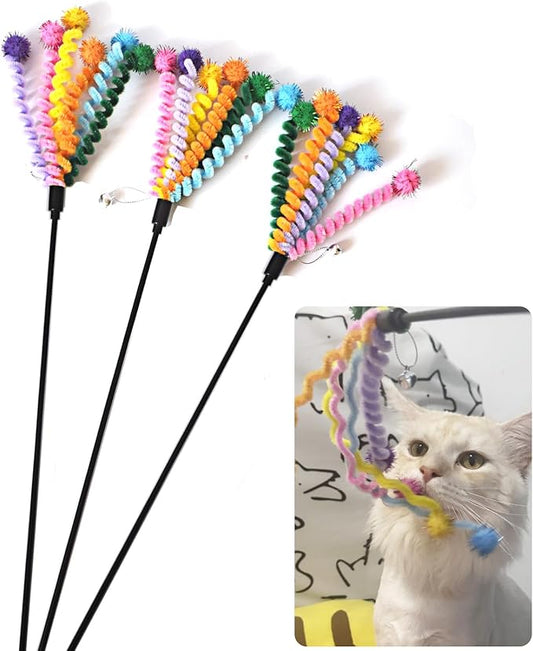 IUHKBH Cat Wands, 3 PCS Cute Cat Teaser Toy with Colorful Spring and Soft Ball Interactive Cat Toys with Bell for Cat and Kitten