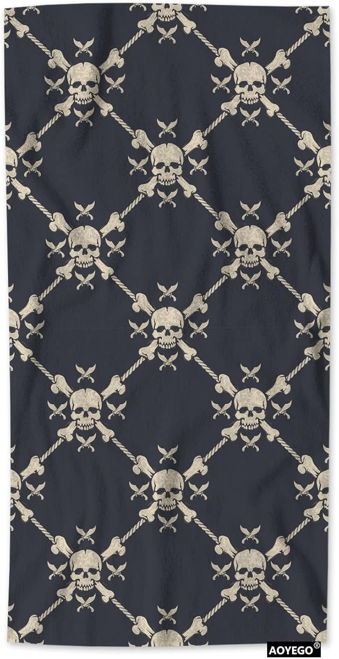 AOYEGO Pirate Skills Kitchen Towel Nautical Ropes Skeleton Head On Black Background Hand Towel Soft Absorbent Microfiber Towels for Hair Spa Hotel 15x30 Inch