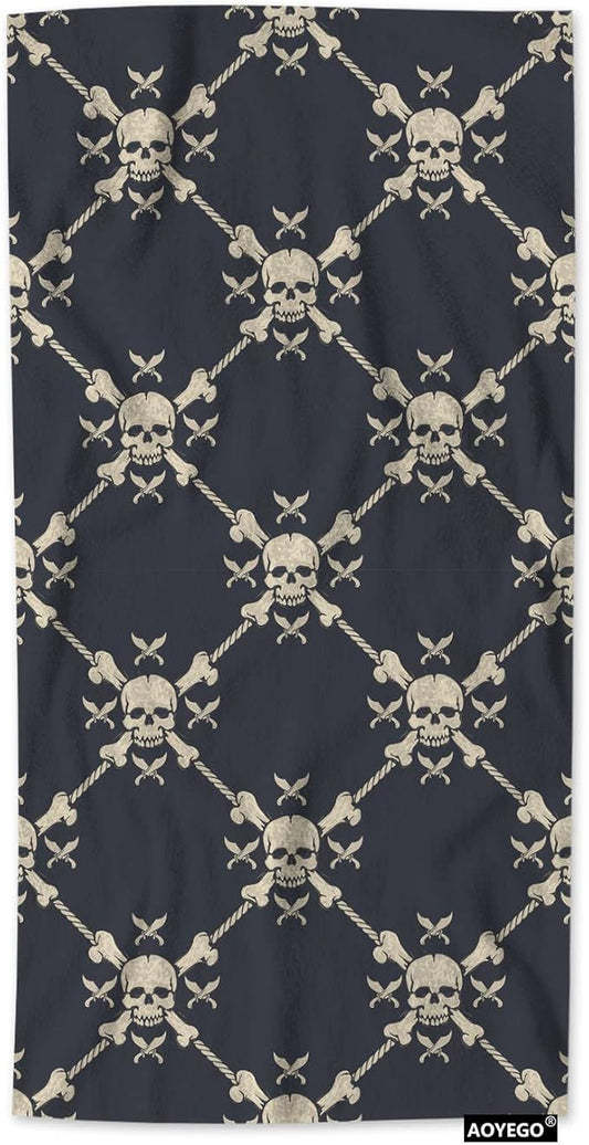 AOYEGO Pirate Skills Kitchen Towel Nautical Ropes Skeleton Head On Black Background Hand Towel Soft Absorbent Microfiber Towels for Hair Spa Hotel 15x30 Inch