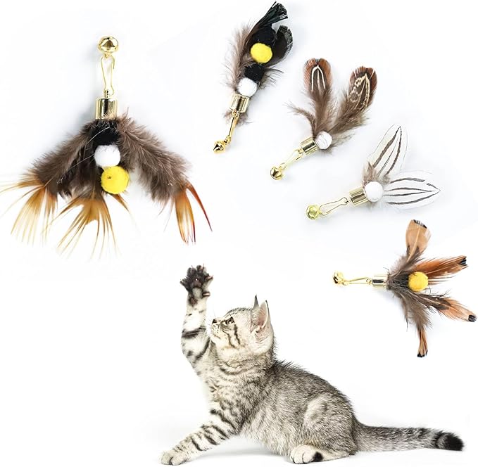 Cat Insect Feather Toys Replacement Cat Toy Wand Refills, 6 Pieces Natural Insect Cat Toy Feathers Refill, Interactive Cat Teaser Wand Attachments, with Bell