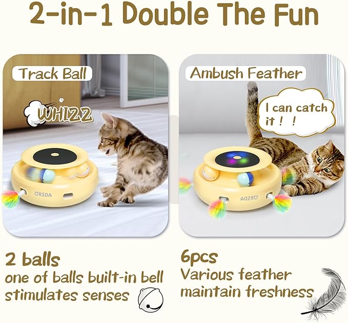 ORSDA Cat Toys 2-in-1 Interactive Cat Toys for Indoor Cats, Automatic Cat Toy Balls, Ambush Feather Kitten Toys with 6pcs Feathers, Dual Power Supplies, Adjustable Speed, Auto On/Off