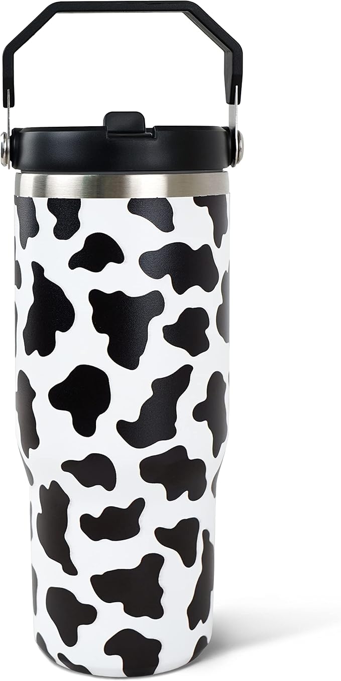30oz Cow Print Tumbler with Handle and Straw, Stainless Steel Vacuum Insulated Coffee Tumbler, Travel Mug Water Bottle, Cow Stuff Accessories Decor, Cow Gifts for Women