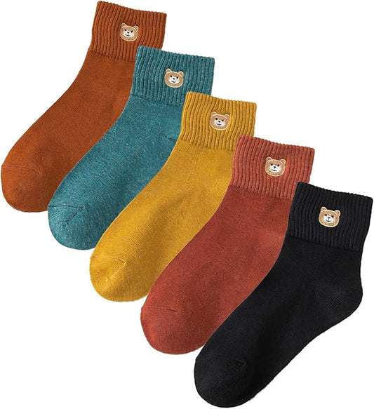 5 Pairs Women's Cute Bear Ankle Socks With Animal Embroidery - Gifts for Women