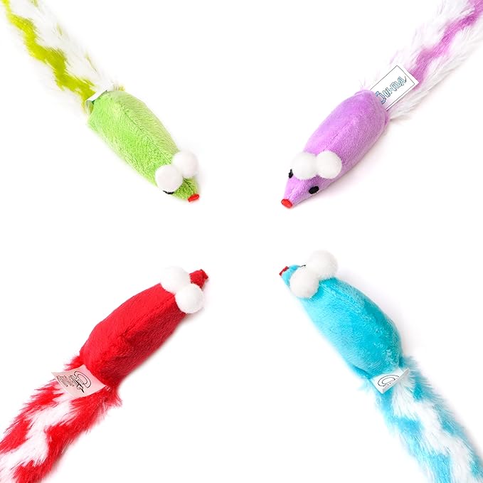 CHIWAVA 4 Packs 15 Inch Long Soft Plush Cat Toys Mice with Rattle Rustle Sound Small Mouse Activity Interactive Toy