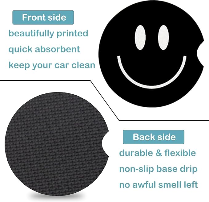 Car Coasters for Cup Holders,2 Pack Smiley Face Car Coasters,2.75" Universal Size Anti Slip Rubber Mat,Automotive Cup Holder Decal Decor Accessories,Smiley Face Gifts for Women,Men,Mom