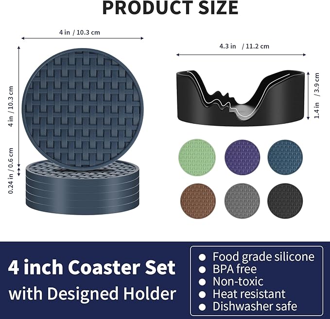 Blue Silicone Coasters Set of 6 with Holder, 4 Inches Non-Slip Decorative Coasters for Home, Kitchen, Office Heat Resistant & Waterproof Cup Mat for Drinks, Bar, Coffee