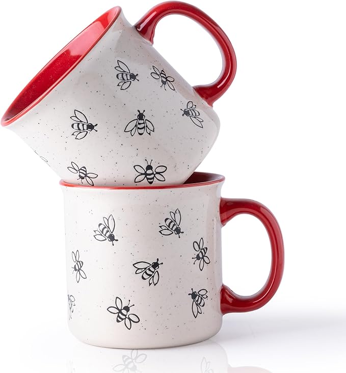 AmorArc 22 OZ Large Ceramic Coffee Mugs, Oversized Soup Cups With Big Handle for Men Women Dad Mom, Big Mug With Textured Bees Patterns for Office & Home -Microwave Safe, 2 Pcs-Red