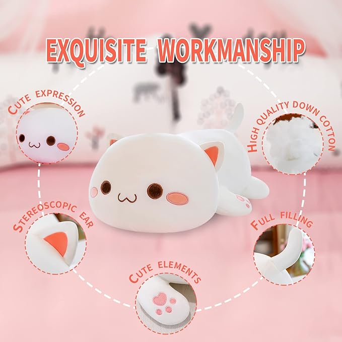 FUYU Cat Stuffed Animals, Soft Cat Plush Pillow Kawaii Kitten Stuffed Animal Toy Gifts for Kids Boys Girls Room Decor (White Round Eyes,27in/67cm)