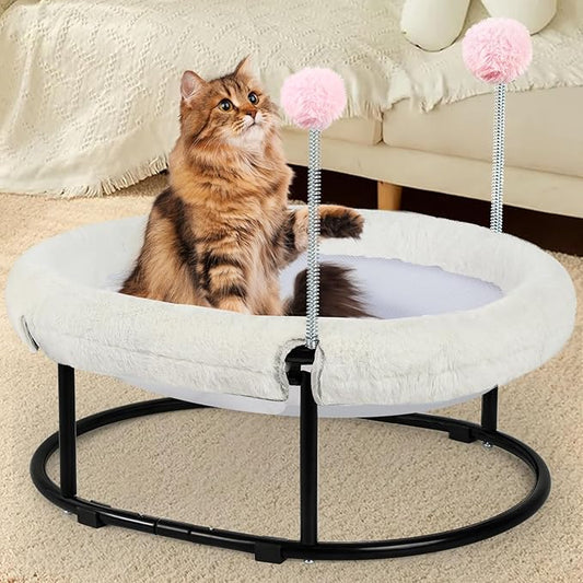 Cat Bed Elevated Cat Hammock for Indoor Outdoor Large Cats,Cat Dog Raised Pet Bed Stable & Breathable Easy Assembly,Small Outdoor Cat Bed for Sleeping Kittens Dog Oval Cat Hammock with Toy Ball,White