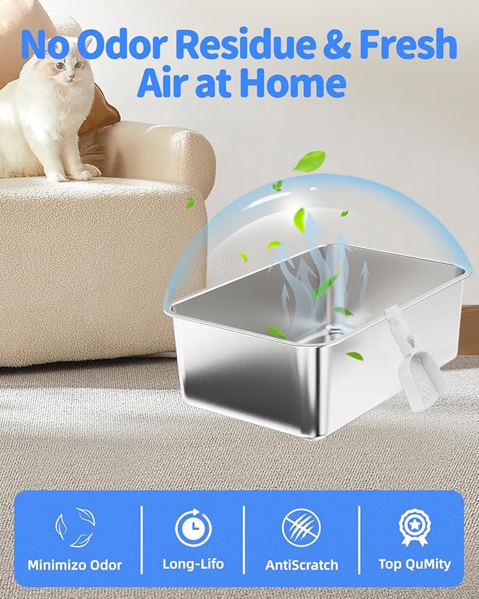 1 PCS Stainless Steel Cat Litter Box - [All-in-1 Starter Set] [Odorless] Large Metal Cat Litter Box, High Sided Litter Pan Tray for Cat&Rabbit Non-Sticky Anti-Leakage Easy Clean Rust Proof