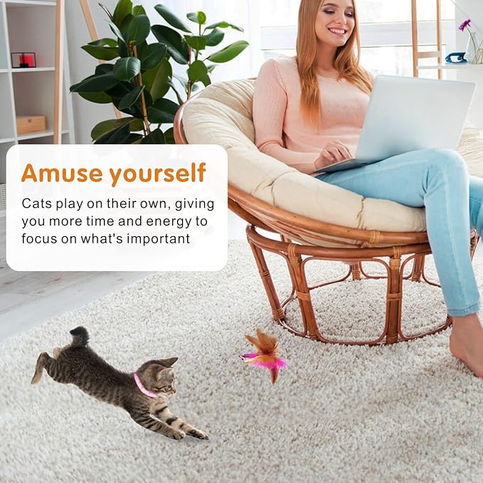 Cat Feather Collar Toys 2 Pcs Interactive Cat Toys for Indoor Cats Teasing Wand Collar Funny Cat Toy with Bell and Replaceable 4 Feathers Refills Multiple Ways for Cats to Play(Blue+Pink)