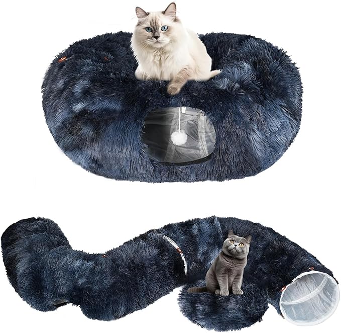 KOMUSMO Cat Tunnel Bed with Central Mat and Hanging Ball Toy, Multifunctional Large Cat Bed Cave Donut for Indoor Cats, Soft Plush Fluffy Collapsible Peekaboo Cave for Small Medium Large Cats Kittens