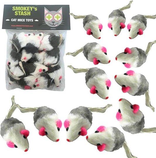 Smokey's Stash Gray and White Faux Fur Cat Mice Toy 12 Per Pack Multi Color Realistic Interactive Small Mouse with Rattle and Catnip Safe for Adult Cats and Kittens