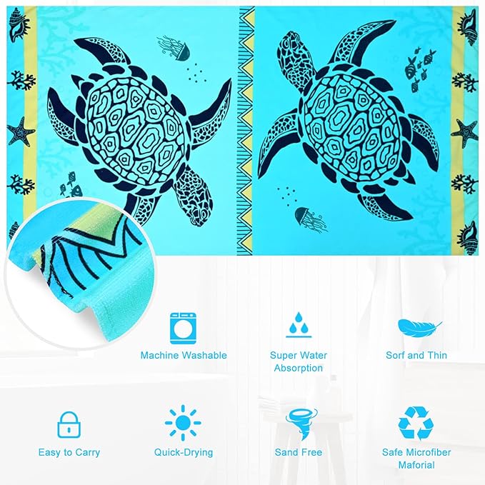 LIVILAN Turtle Beach Towel - Soft & Absorbent: 30" x 60", Lightweight at 9 Ounces, Made of 100% Microfiber, Quick-Drying, Ideal for Beach, Travel, and Various Fun Activities.