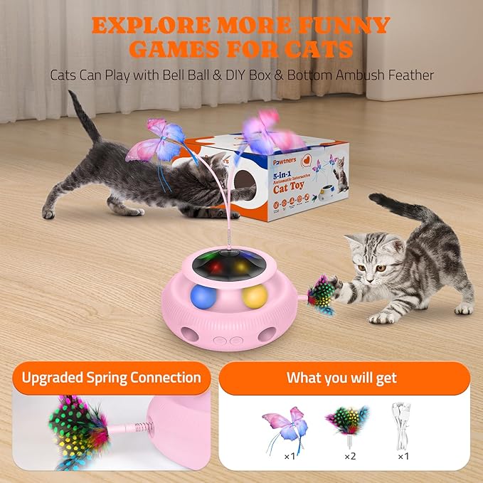 Interactive Cat Toy: 3 in 1 Automatic Cat Toy for Indoor Cats, Electric Kitten Toy with Rechargeable Battery, Self Play Kitty Toy with Rotating Fluttering Butterfly, Track Ball and Ambush Feather,Pink