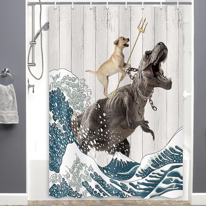 Boziqr Funny Dog Shower Curtain, Japanese Ocean Wave Dinosaur Rustic Barn Door Decor Fabric Bathroom Curtains Set, Cute Animal Kids Polyester Fabric Waterproof, 48 X 70 Inches