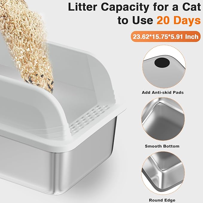 2 Pcs Stainless Steel Cat Litter Box with Lid, Extra Large High Sided Litter Box, XL Litter Box for Large Cats, Non-Leaking, Easy to Clean, Anti-Leakage Include Scoop(White)
