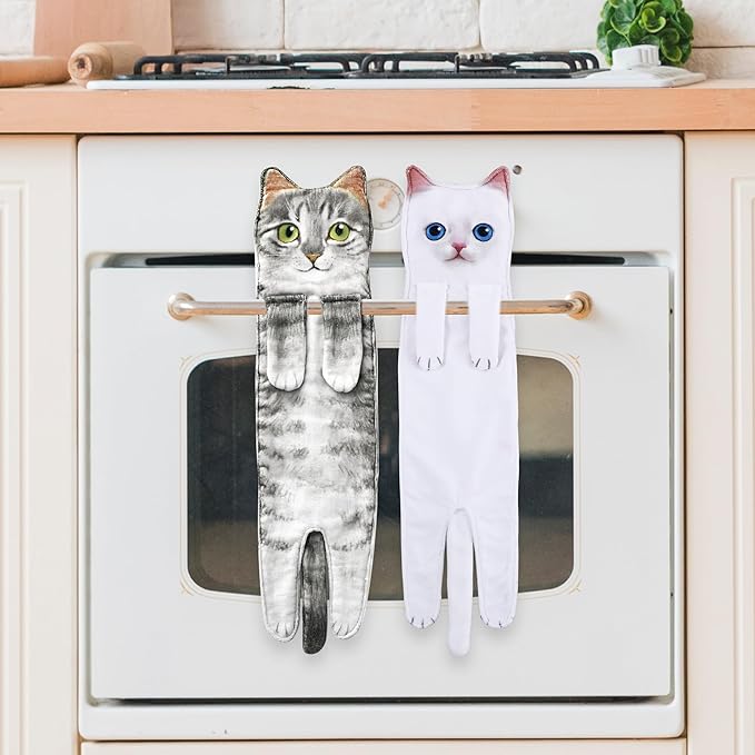 Cat Hand Towels for Kitchen Bathroom - Cute Cat Decor Gadgets - Hanging Soft Absorbent Hand Face Towel - Funny Birthday Mothers Day Housewarming Holiday Unique Gifts for Women Mom Lady Cat Lovers