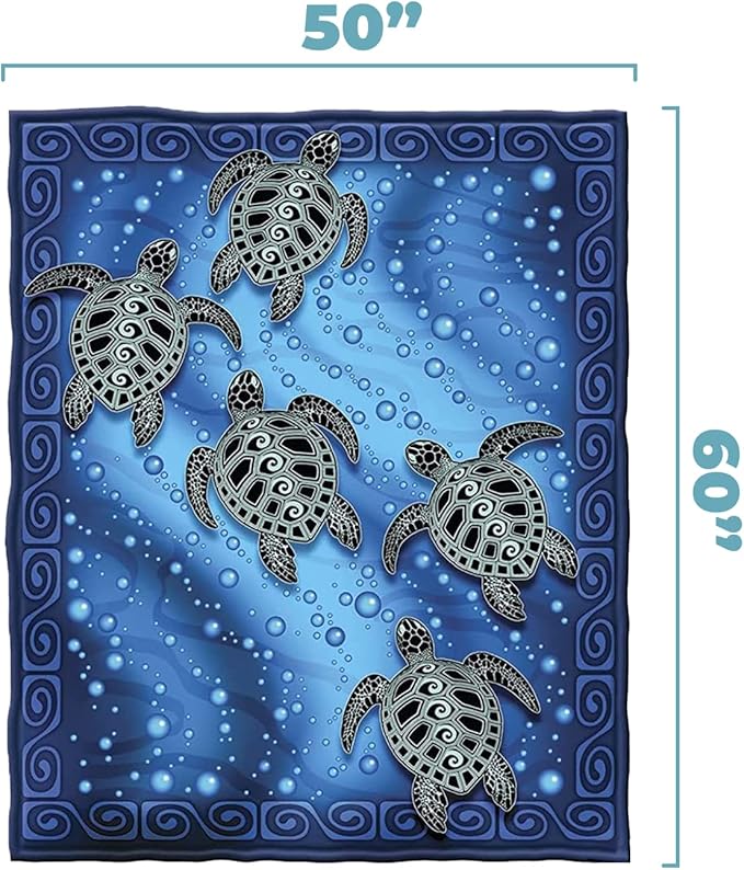 Dawhud Direct Sea Turtle Fleece Blanket - 50 x 60 Inch Soft Plush Throw for Bed Couch or Travel - Ocean-Themed Blanket and Sea Turtle Gifts for Women and Kids - Blue Tribal Design