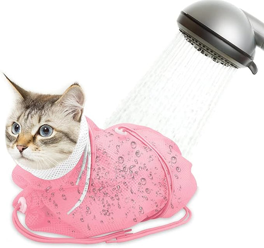 Cat Bathing Bag, Breathable Mesh Cat Shower Bag Anti Scratch Adjustable Cat Grooming Bag for Nail Trimming, Bathing Polyester Soft Cat Washing Bag (White-Pink)