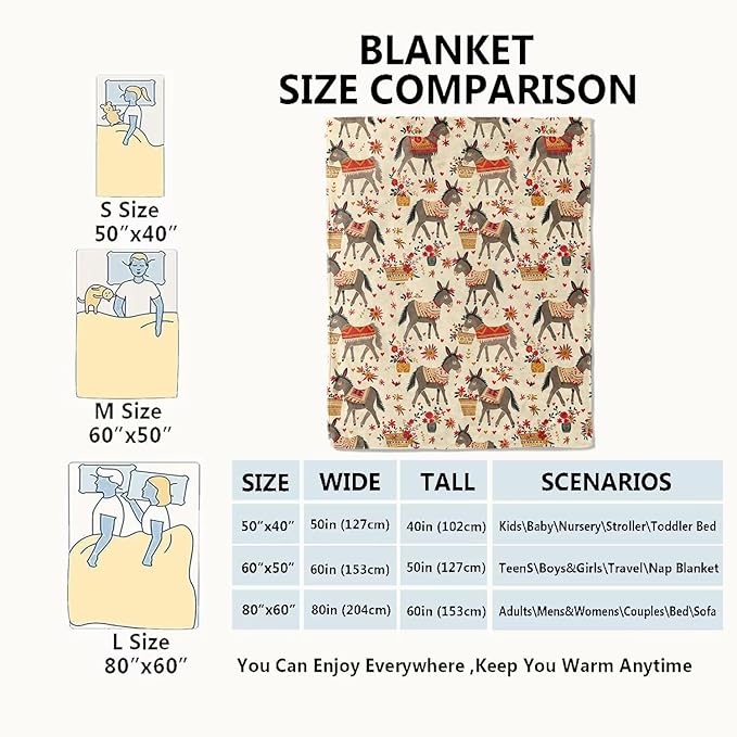 Rustic Donkey Blanket Colorful Floral Flowers Throw Blankets Gifts for Girls Boys Adults Lightweight Soft Fleece Cozy for Sofa Couch Bed Room Travel Birthday Farmhouse Decor 50x60in