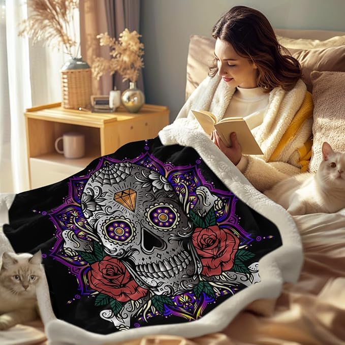 Sleepwish Lotus Skull Fleece Throw Blanket for Kids Girls Boys Soft Plush Purple Mandala Skull Sherpa Blanket for Couch Chair Bed, Queen (90" X 90")
