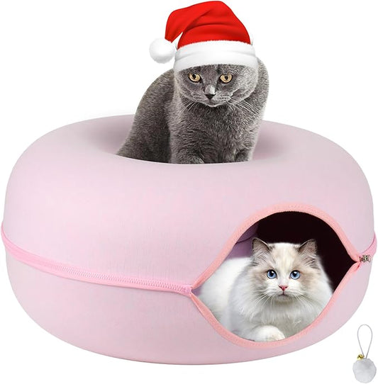 Cat Tunnel Bed, Cat Cave Bed ，Beds for Indoor Cats - Large Cat House for Pet Cat Cave ，Detachable Round Felt & Washable Interior Cat Play Tunnel for Small Pets (24 Inch, Pink)