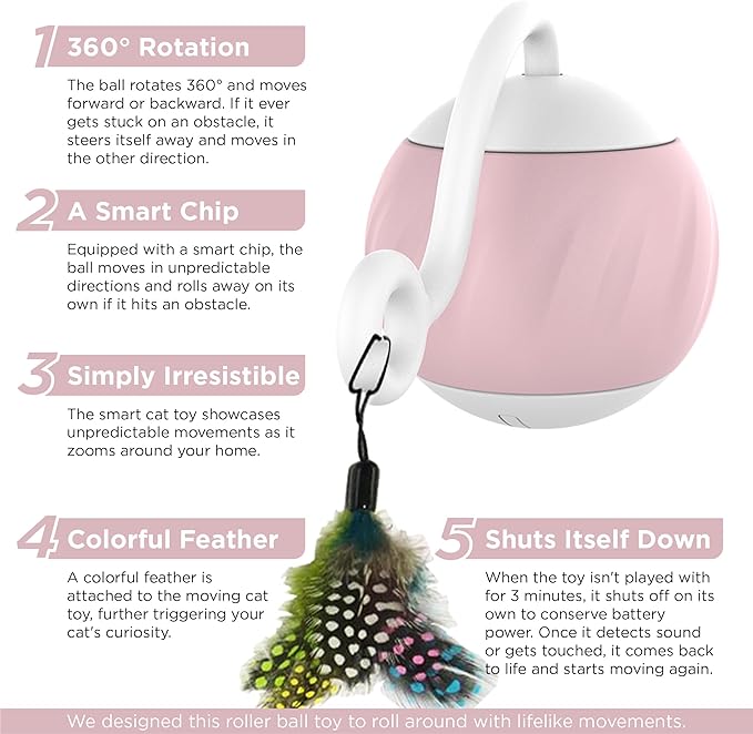 Auto Rolling Cat Ball Toy - Interactive Self Moving Automatic Cat Toy with Tail Feather Attachments - Slow & Fast Speed, LED Rainbow Lights, Sound & Touch Activated - USB-C Rechargeable