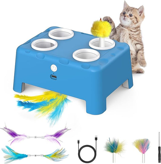 Cat Toys, Interactive Cat Toys, 2-in-1 Automatic Cat Toy, 4 Holes Mice Whack A Mole Cat Mouse Toy with Moving Feather, Portable USB Rechargeable Electronic Kitten Toys (Blue)