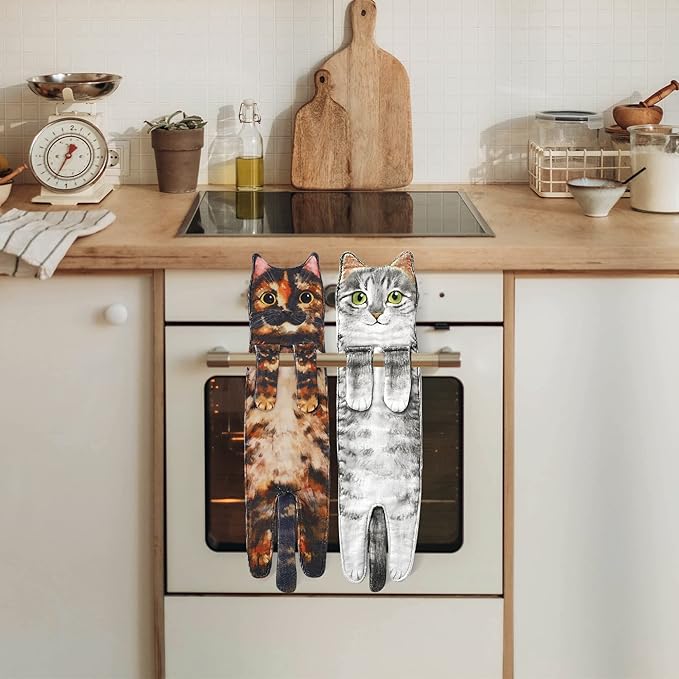 Cat Funny Hand Towels for Bathroom Kitchen- Cute Decorative Kitten Decor Hanging Face Towels- Unique Housewarming Valentines Mothers Birthday Gifts for Women Mom Cat Lovers