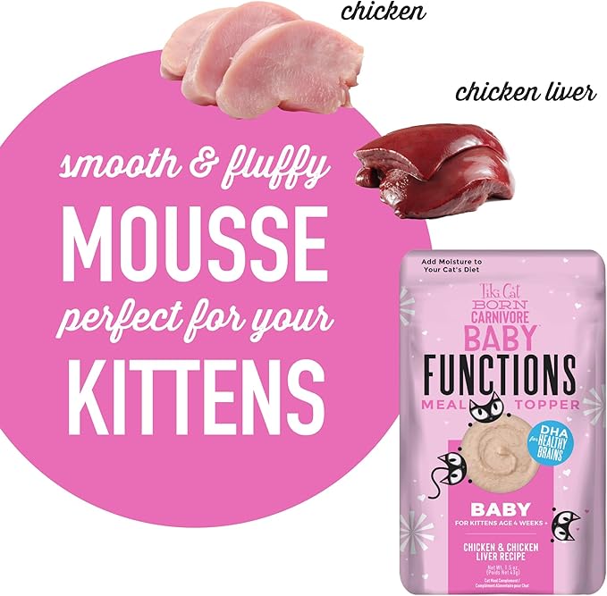 Tiki Cat Born Carnivore Baby Functional Topper Mousse, Chicken & Chicken Liver Recipe, 1.5 oz. Pouch, (Pack of 12)