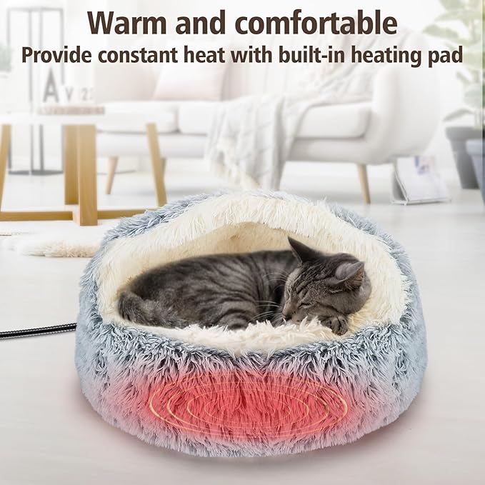 MEWTOGO 19.7in Heated Cat Bed with Hooded Cover - Warm & Soft Cat Cave Bed with Pet Heating Pad, 6 Levels Adjustable Temp & Timer, Washable for Small Pets Up to 16.5lb and Cat Gifts