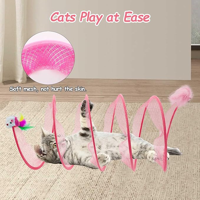 Cat Tunnel, 1PCS Folded Cat Tunnel Toy, Pink Mice Tube Cat Springs for Indoor with Feather, Mouse Toys Interactive Cat Toy Tunnel Self-Happy Cat Toys, S-Type Collapsible Tent