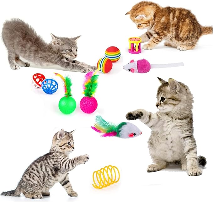 22 PCS Cat Kitten Toys Set,ncluding Interactive Feather Teaser Toy, Mouse Tumbler, Mylar Crinkle Balls Bells Toys with Collapsible Tunnel (Random Color)