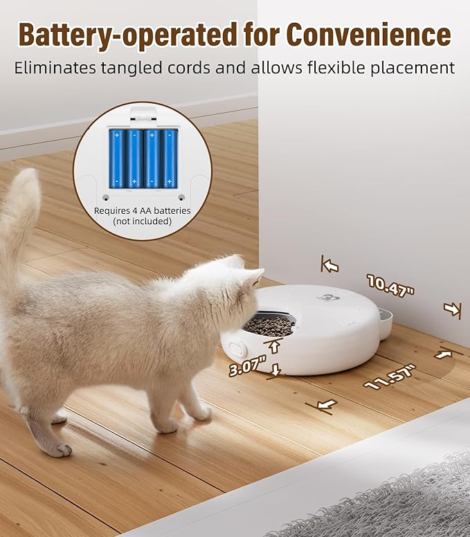 Casfuy Battery-Operated Automatic Cat Feeder - Whisker Friendly Automatic Cat Food Dispenser for Wet Dry Food Cordless 4-Meal Auto Feeder for Cats Small Dogs with Programmable 12H/24H Format Timer
