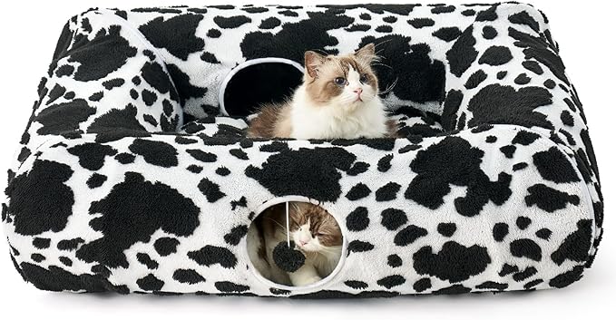 Cat Tunnel Bed for Indoor Cats - Cute Cat Donut Tunnel with Washable Circle Cushion, Round Pet Play Tunnel Toy for Kitten/Puppy/Rabbit,Black