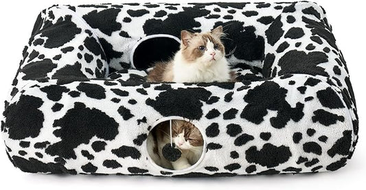Cat Tunnel Bed for Indoor Cats - Cute Cat Donut Tunnel with Washable Circle Cushion, Round Pet Play Tunnel Toy for Kitten/Puppy/Rabbit,Black