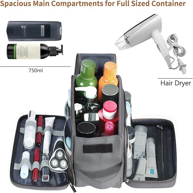 Buruis Extra Large Toiletry Bag for Men, Travel Toiletry Organizer Dopp Kit Water-resistant Shaving Bags, PU Leather Cosmetic Bathroom Shower Bag for Toiletries, Grooming, Accessories (Grey)