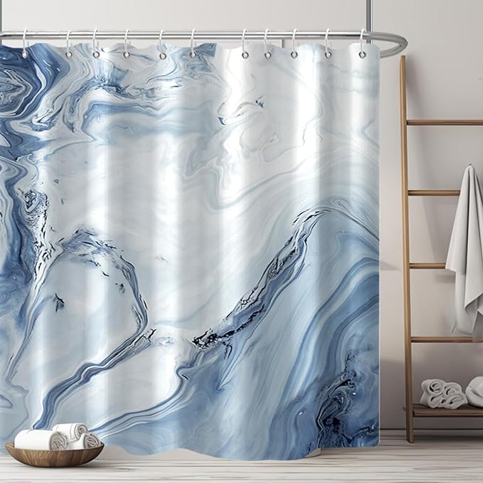 AWERT Blue Marble Shower Curtain - Waterproof for Bathroom Decor, Printed Washable With Hooks, 60x72 Inch