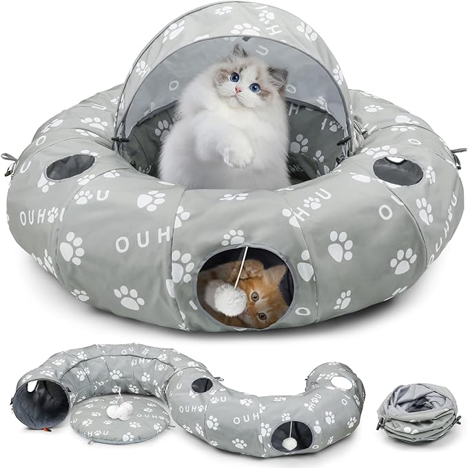 Cat Tunnel Bed, Cat Tunnels for Indoor Cats, Peekaboo Cat Cave, Cat Donut Tunnel with Awning, Mat, 4 Balls and 6 Peek Holes, Cat Tubes for Kitten，Bunny, Puppy or Small Animals