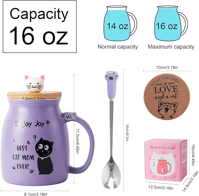 Best Mom Ever Coffee Mug - Mothers Day Gift for Mom, 16 Oz Purple Cute Cat Ceramic Cup with Spoon Lid, Birthday Gifts for Women, Best Mom Novelty Mug Ideas for Her, Mama, Grandma, Daughter, Sister