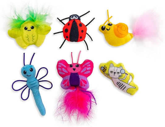 Catstages Cute As A Bug Plush Interactive Cat Toys, Bug Themed Kicker Catnip Toys with Feathers, Crinkle, Mesh, 6pk, Small, Multicolored