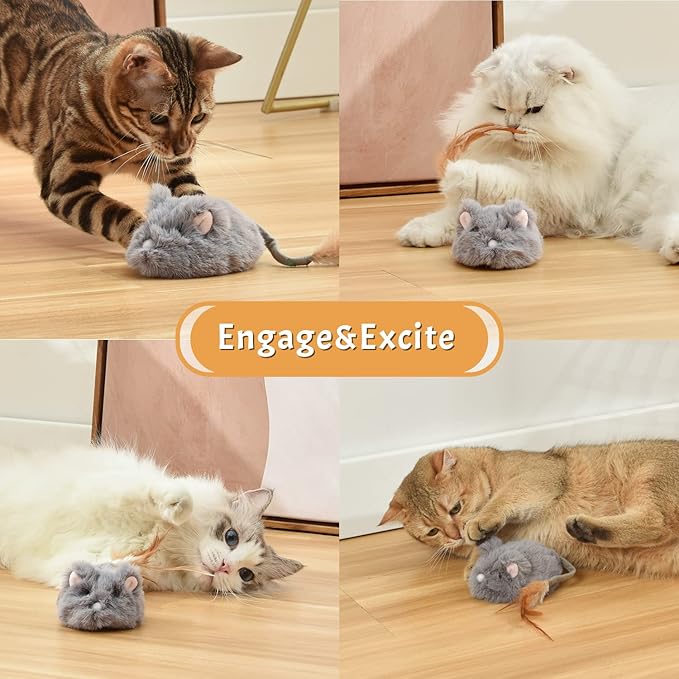 Automatic Cat Toy Cat Mouse Toy Moving Cat Toy with Furry Tail Boredom Busters Interactive Cat Toys for Indoor Cats Hunting Cat Mice Toys (Grey)