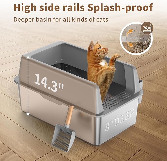 8" Deep Stainless Steel Cat Litter Box with Lid, Extra Large Metal for Large Cat, Kitty Litter Box with High Sides Enclosure for High Peeing Cat, Easy Cleaning, Non-Sticky, Leak-Proof
