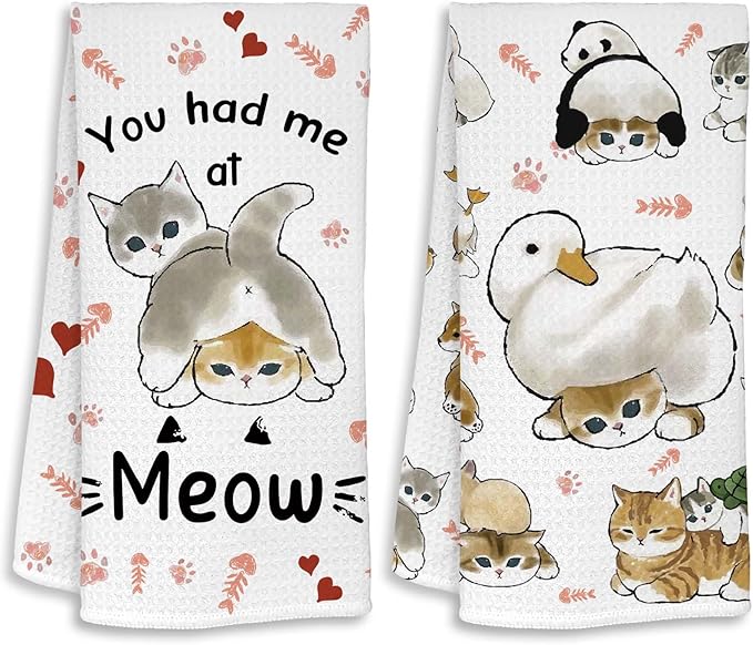 Cute Cat Kitchen Towels Set of 2 Cats Decoration for Cat Lovers Cat Kitchen Accessories Cat Mom Gifts for Women Cute Dish Towels Decorative Set for Kitchen & Bathroom 16×24 Inch - 02
