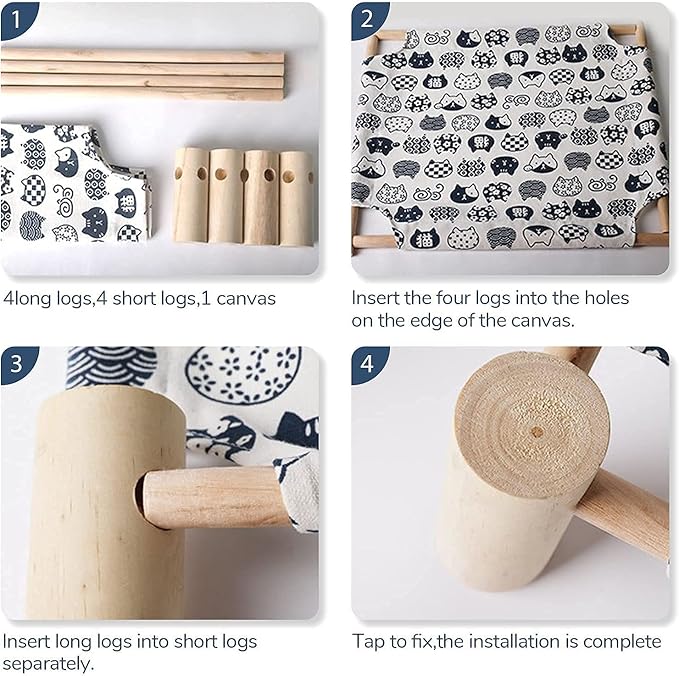 TUSATIY Cat Wooden Hammock Bed, Pine Wood, Elevated Pet Sleeping, Breathable, Removable, Washable, Anti-Moisture, Stable Support, 39 lbs